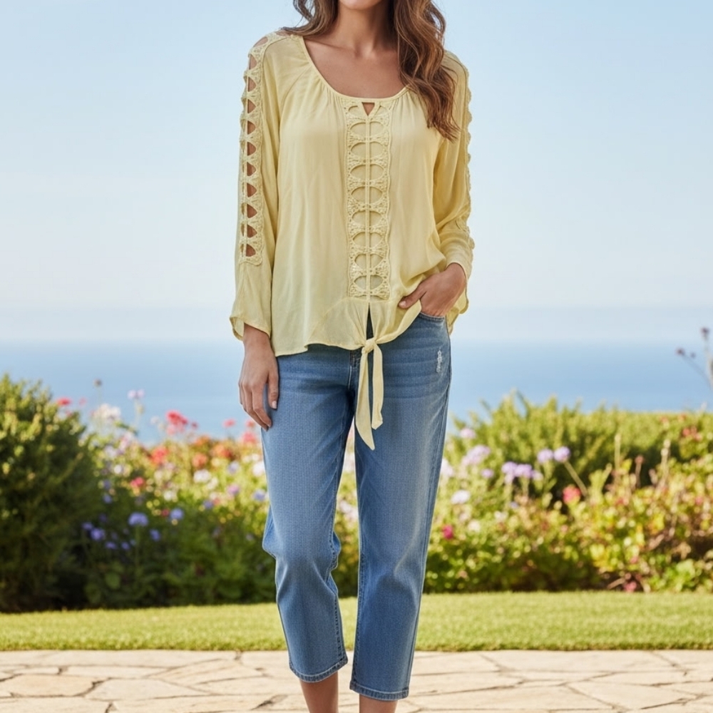 Cha Cha Vente Yellow Ruffled Tie Front Blouse